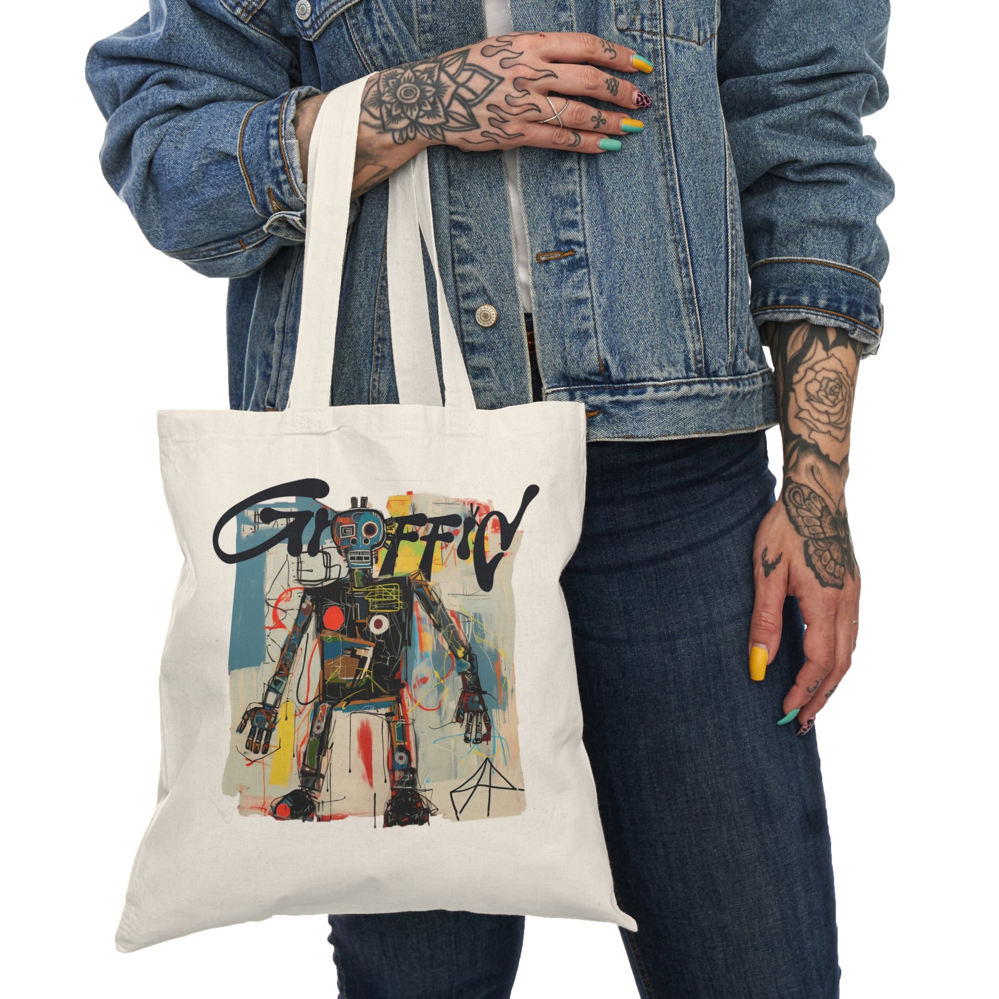 Basquiat's Technicolor Dream: Graffid Robot Revolution Tote Bag